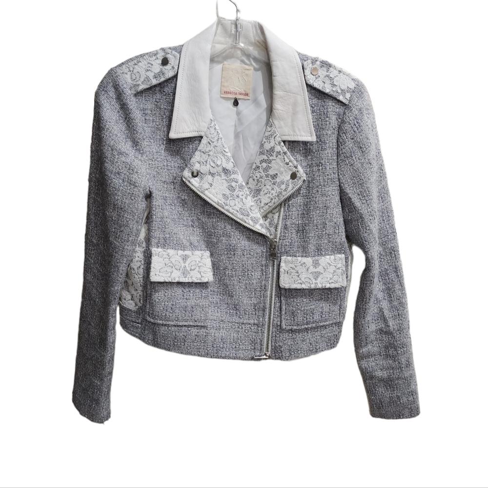 Rebecca Taylor Gray White Lace Moto Jacket
